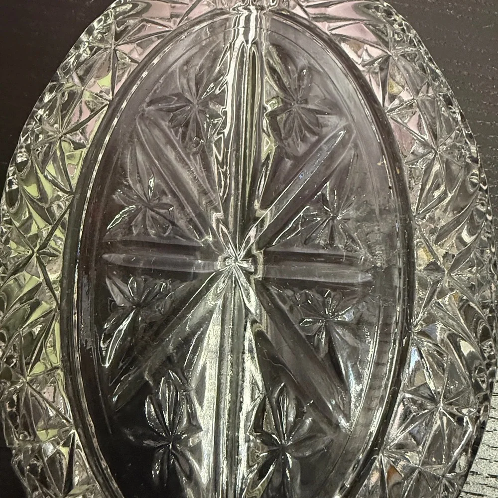 Elegant Anchor Hocking Clear Cut Glass Divided Serving Relish Dish
